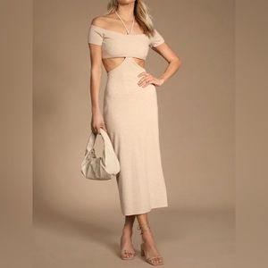 Brand New - Beige Halter Off-the-Shoulder Cutout Dress - size Small
